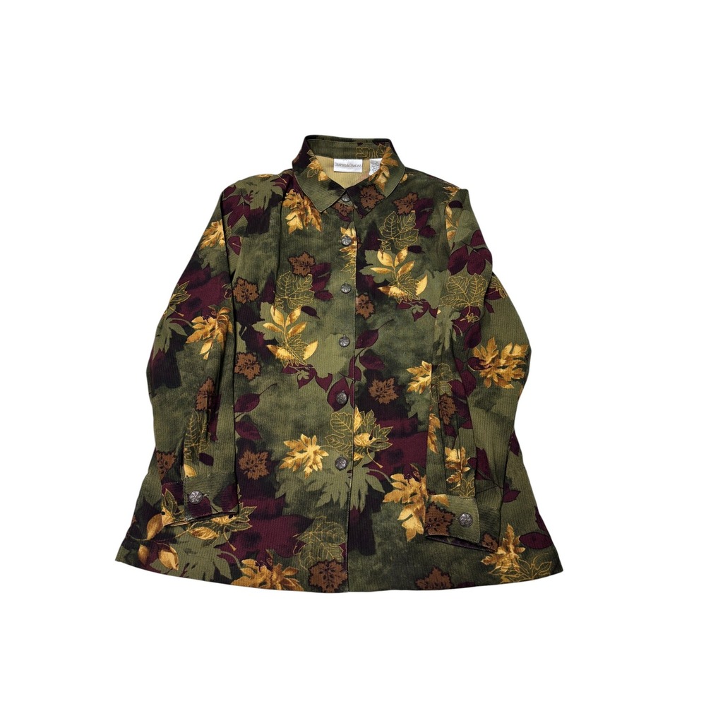 Drapers & Damons Womens Small Green Corduroy Leaf Print Button Down Shirt M15799